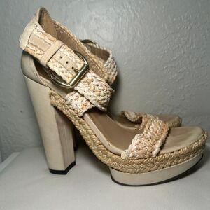 Stuart Weitzman Platform Sandals Espadrille Raffia 5" Heels Beige‎ Size 8